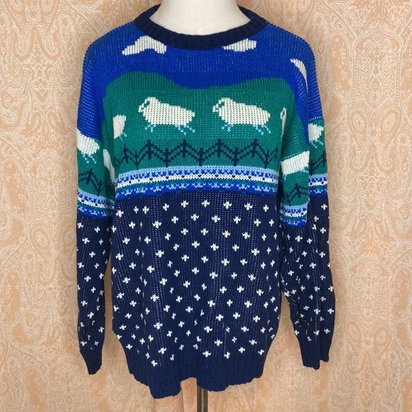 Vintage knit sweater sheep clouds pattern size large - Picture 2 of 11